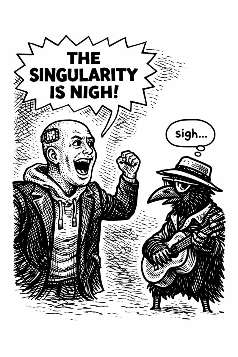 crow joe in the age of ai comic - the transhumanist, techbro technocrat true believer with business suit over hoodie and visible brainchip, proclaims while shaking his fist 'the singularity is nigh!' this is an overly wordy allusion to the influential ray kurzweil book the singularity is near.  crow joe the blues playing crow looking tired has a single thought bubble over his head 'sigh.' nigh rhymes with sigh.  the title of this comic is the transhumanist proclaims, crow joe plays.  crow continues to play his blues regardless.